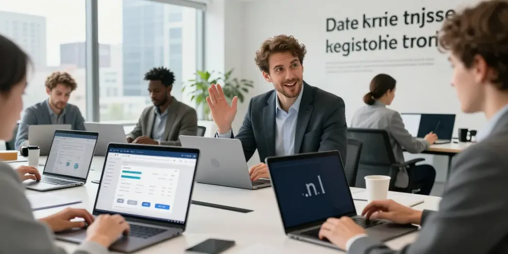 Professionele samenwerking over .nl domeinnaam registreren in moderne kantooromgeving.